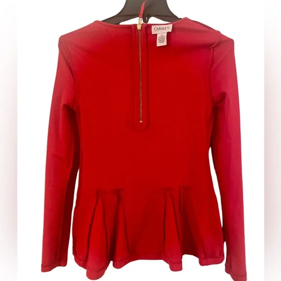 NWOT! Luxury Designer Carmen Marc Valvo Red Long-Sleeve Peplum Top Flattering XS - Picture 7 of 10